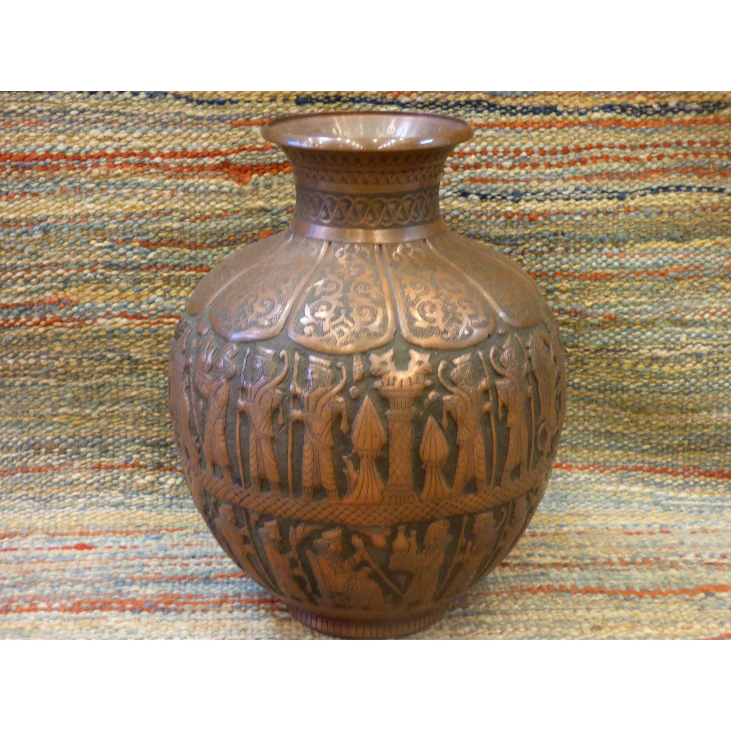 Authentic Art Antique Persian Engraved Brass Vase Ghalamzani 10" X 8" Abcca0114